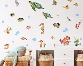 Watercolor Marine Animals Wall Decal, Ocean Nursery Decor