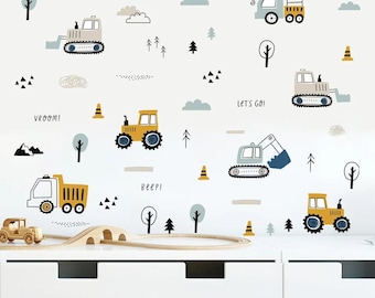 Watercolor Construction Car Wall Decals, Boys Nursery Decor