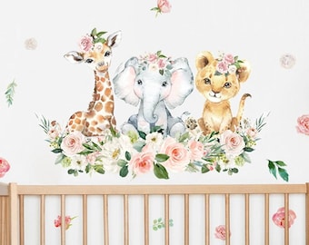 Cartoon Cute Watercolor Pink Floral Jungle Animal Wall Sticker for Kids Room Baby Girl Nursery Decals Bedroom Home Decor
