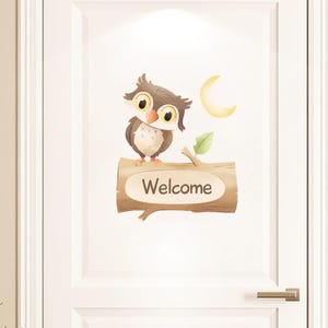 Adesivo da parete con gufo di benvenuto, simpatico cartone animato, decorazione per porta della cameretta dei bambini, murale, camera da letto, ingresso, arredamento per la casa, carta da parati autoadesiva.
