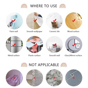 Pu&ograve; includere: Un grafico che mostra dove usare e dove non usare un adesivo. Il grafico mostra una variet&agrave; di superfici, tra cui pareti dipinte, carta da parati liscia, piastrelle di ceramica, superfici in legno, superfici metalliche, superfici in plastica, pareti lisce e superfici in vetro/specchio. Il grafico mostra anche le superfici dove l'adesivo non &egrave; applicabile, tra cui pareti testurizzate, mattoni e superfici ruvide.