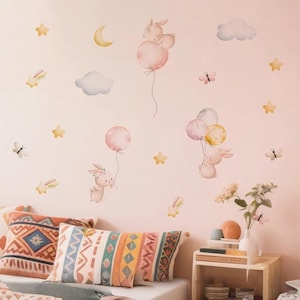 Pegatina de pared con diseño de conejito rosa, globo, mariposa y acuarela, para habitación de niños y niñas, decoración del hogar
