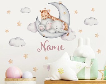 Custom Name Elephant & Giraffe Moon Nursery Wall Decal