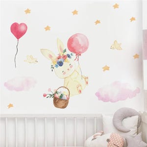 Adesivi murali per bambini a forma di coniglietto pasquale su palloncino, per la cameretta dei bambini, decorazione per la cameretta dei bambini, carta da parati, adesivi murali per la cameretta dei bambini