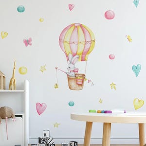 Cartoon Hot Air Balloons Rabbit Watercolor Wall Stickers for Nursery Kids Room Baby Room Wall Decals Bedroom Murals Decor