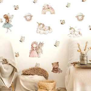 Adesivi murali per bambini con fata unicorno e orso, carini, per camerette, soggiorno, decorazioni murali, carta da parati