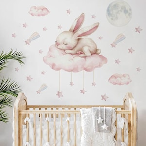 Pegatina de pared con diseño de conejo rosa durmiendo, nubes, estrellas y luna para habitación infantil, habitación de niñas, dormitorio infantil, arte de pared para decoración del hogar