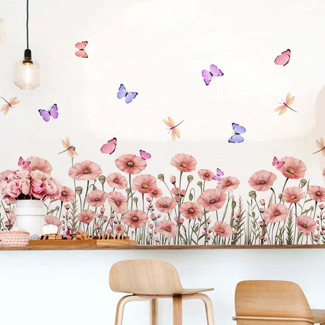Watercolor Pink Flower Wall Decal – Butterfly Border, Girls Bedroom ...