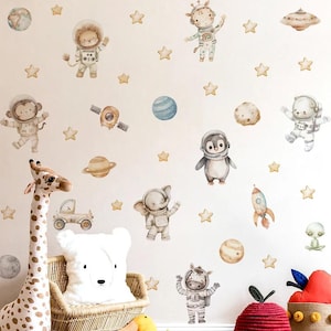 Cartoon Animals Space Astronaut Planet Stars Rocket Watercolor Wall Sticker Child Nursery Art Decal Kids Room Bedroom Home Decor