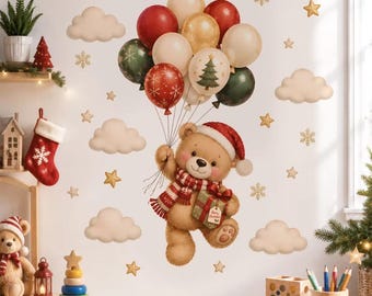 Christmas Teddy Bear Wall Decal – Santa, Snowman, Reindeer Holiday Sticker