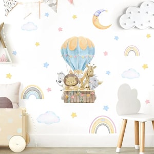 Cartoon Hot Air balloon Cute Animals Cloud Rainbow Watercolor Wall Sticker for Kids Room Baby Nursery Room Wall Decals Home Decor