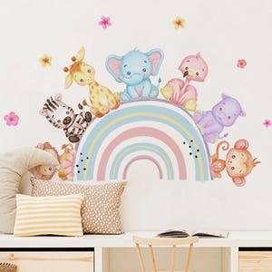 Pegatinas de pared con dibujos de animales sentados sobre estrellas de arcoíris para habitación de niños, guardería, cuarto de bebé, calcomanías de pared de acuarela, decoración del hogar, PVC