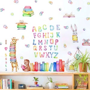 Cartoon Animals Reading Colored Letter Bubble Watercolor Wall Sticker Nursery Baby Kindergarten Art Decal Kids Room Home Decor