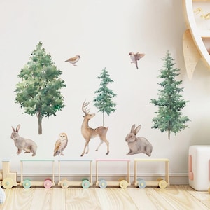 Pegatinas de pared con dibujos de animales del bosque, ciervos, conejos, acuarela, vinilo, arte infantil, para habitación de niños, decoración del hogar
