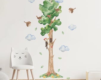 Height Measurement Tree Birds Clouds Wall Sticker Vinyl Nursery Watercolor Wall Decals Kids Room Home Decor