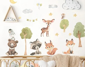 Watercolor Forest Animals Wall Decal, Kids Nursery Decor
