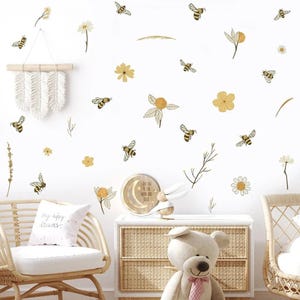 Pegatinas de pared de acuarela con dibujos de abejas, flores y ramas, vinilos para hacer tú mismo, para habitación de niños, sala de estar, decoración del hogar