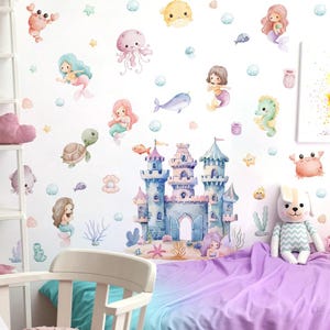 Cartoon Castle Mermaid Sea Animals Watercolor Wall Sticker Vinyl Child Nursery Baby Kindergarten Art Decal Kids Room Home Decor