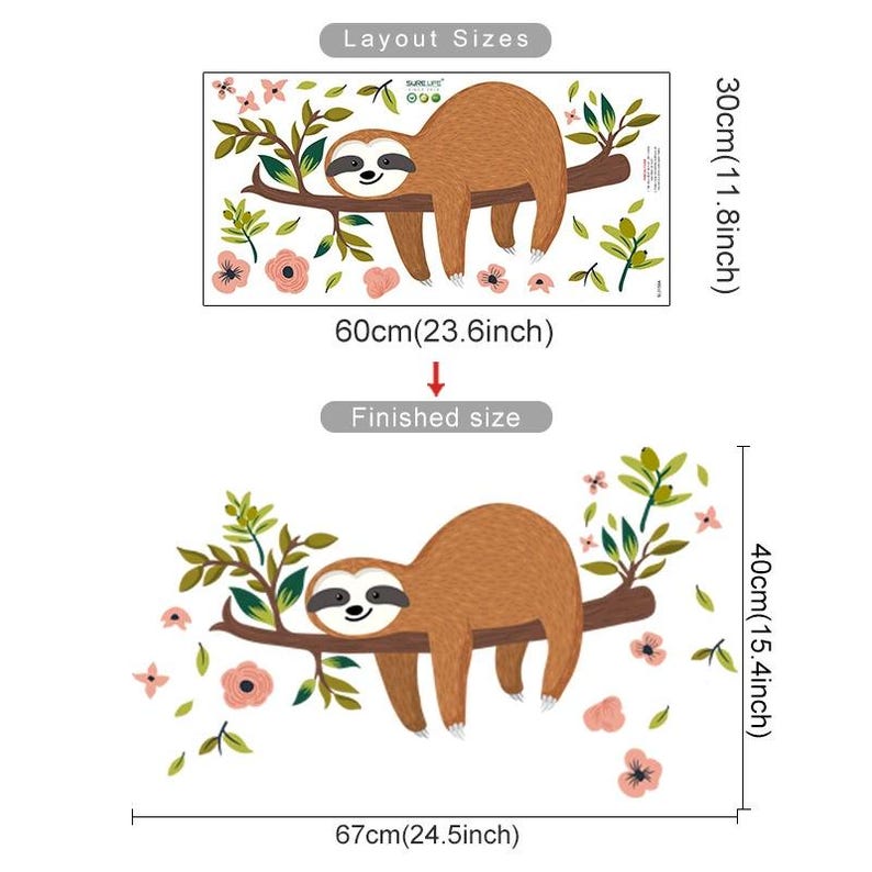 Cartoon Cute Sloth on Tree Animal Watercolor Wall Sticker Vinyl Baby ...