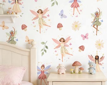Fairy Butterfly Mushroom Daisy Wall Sticker – Whimsical Floral Decal for Girls Room