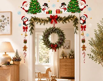Christmas Door Frame Wall Decal – Santa, Snowman, Penguin Holiday Border Sticker