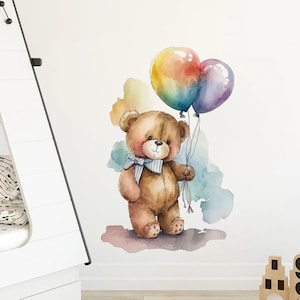 Pegatinas de pared con diseño de oso pardo y globo de dibujos animados de acuarela para habitación infantil, decoración de habitación de bebés, niños y niñas, calcomanías de pared para el hogar