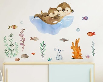 Cartoon Cute Otter Sea Animals Stars Wall Stickers Bear Deer Wall Decals for Kids Room Baby Nursery Room Bedroom Murals