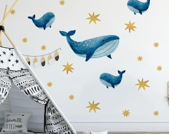 Blue Whale Wall Decals, Stars, Marine Nursery Decor