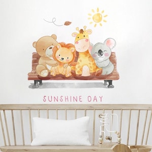 Pegatinas de pared con dibujos de acuarela de oso, león, ciervo de cuello largo, animales para habitación de niños, sala de estar, guardería, decoración de pared