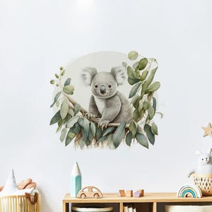 Cartoon Cute Koala Sitting on Eucalyptus Trees Wall Sticker for Kids Rooms Nursery Wall Decor Vinyl Watercolor Home Decor