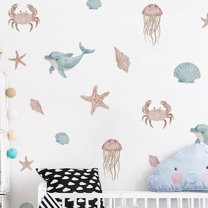 Cartoon Dolphin Starfish Marine Animals Wall Stickers for Kids Room Home Decor Living Room Decoration Wall Decals