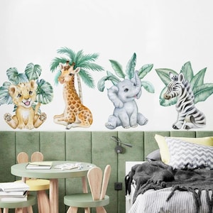 Pegatinas de pared con dibujos de animales de la jungla y acuarela para habitación de niños, decoración de habitación de bebé, pegatinas de elefante y jirafa