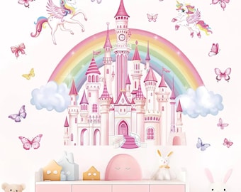 Unicorn Castle Wall Sticker, Rainbow Nursery Decal, Kids Fairy Tale Decor
