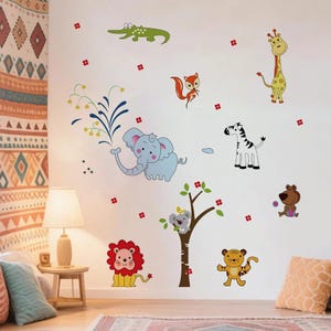 Pegatinas de pared con diseño de elefante, león y acuarela, con dibujos de animales, para habitación infantil, decoración de habitación infantil, dormitorio y hogar