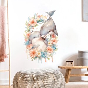 Pegatinas de pared con dibujos de flores y delfines de acuarela, decoración para el hogar, sala de estar, fondo, arte mural