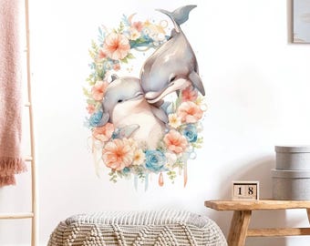 Watercolor Dolphin Wall Decal, Floral Nursery Decor