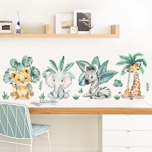 Pegatinas de pared con dibujos de animales de la jungla, acuarela, león, jirafa, para habitación de niños, guardería, dormitorio, decoración del hogar