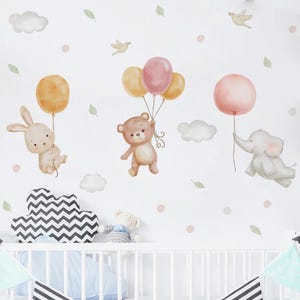 Pegatinas de pared con dibujos de acuarela, osos, conejos, globos, nubes, vinilo para guardería, arte de pared infantil, calcomanías para habitación de niños, decoración del hogar