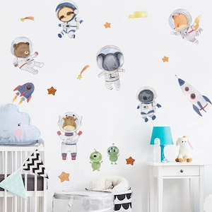 Pegatinas de pared con dibujos de animales del espacio, astronautas, cohetes, calcomanías de pared, murales artísticos para dormitorio infantil, guardería, habitación de bebé, decoración del hogar