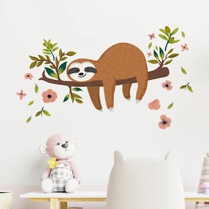 Pegatinas de pared de vinilo con dibujo de perezoso en un árbol, animales de acuarela, para habitación de bebé, decoración del hogar