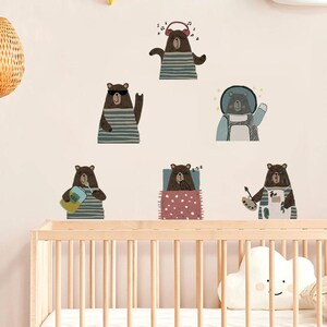 Pegatina de pared con diseño de oso divertido y creativo de acuarela para habitación de niños, guardería, bebé, arte de pared, decoración del hogar