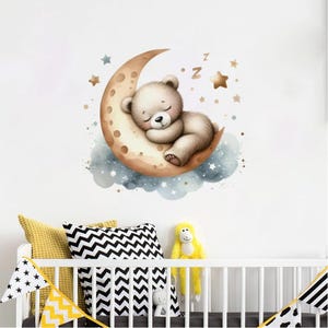 Pegatinas de pared con dibujos de acuarela de osos de bebé, calcomanías de pared con nubes y luna, calcomanías decorativas para guardería de bebé