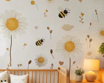 Boho Wandaufkleber Biene & Gänseblümchen - Aquarell Blumen Kinderzimmer Vinyl Aufkleber, Kinderzimmer Schlafzimmer Wandkunst, Dekoration für Kinderzimmer / Wohnzimmer