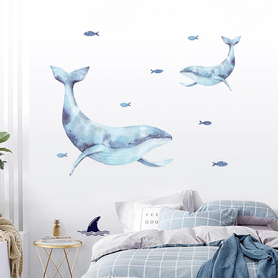 Blue Whale Watercolor Underwater Animal Nursery Wall Stickers Peel and Stick Wall Decals Kids Room Interior Home Decor.