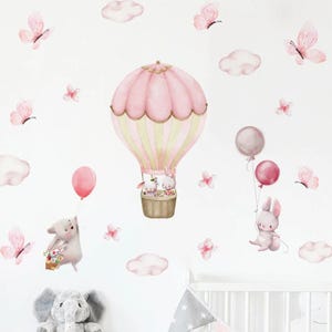 Watercolor Cartoon Rabbit Pink Hot Air Balloon Clouds Wall Stickers for Kids Room Living Room Nursery Decoration Wall Decals