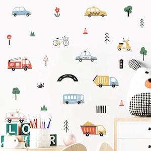 Pegatinas de pared con dibujos de acuarela de coches de transporte urbano, árboles, para dormitorio infantil, dormitorio de bebé, calcomanía de PVC, arte para habitación de jardín de infancia, decoración del hogar