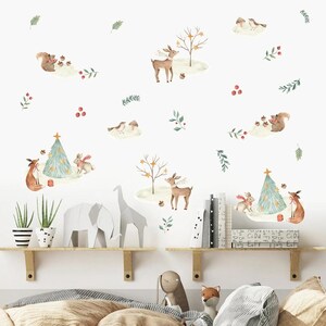 Pegatinas de pared navideñas con dibujos de animales bonitos, acuarela, para guardería, calcomanías de pared, impresión artística, habitación de niños, decoración interior del hogar