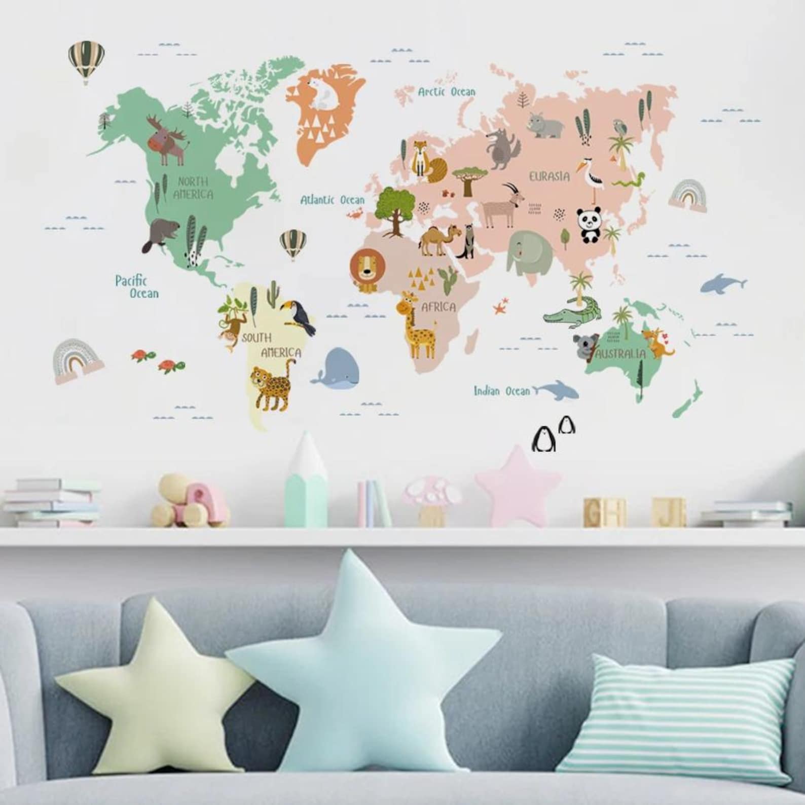 World Map Sticker Cartoon Colorful Animals Outline Wall Stickers for ...