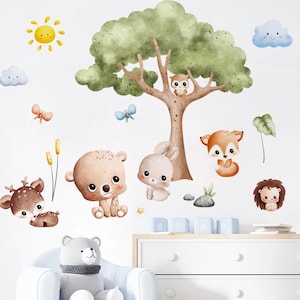 Pegatinas de pared con dibujos de acuarela de animales del bosque, conejo, zorro y ciervo, para habitación de niños, niñas, guardería, dormitorio, decoración del hogar