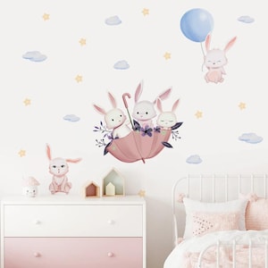 Pegatinas de pared con dibujos de acuarela de conejos y amigos para habitación de bebé, guardería, habitación de niños, decoración de pared de PVC
